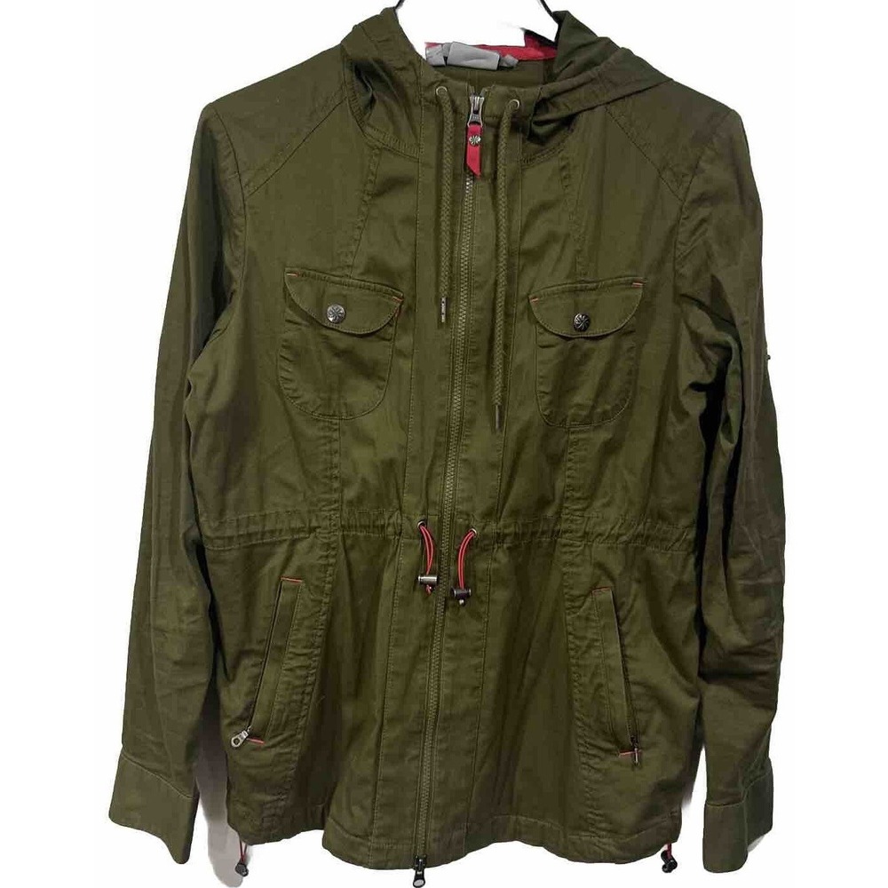 ATHLETA Anytime‎ Anorak Utility Jacket LARGE Hooded Roll Tab Sleeve Earth Green